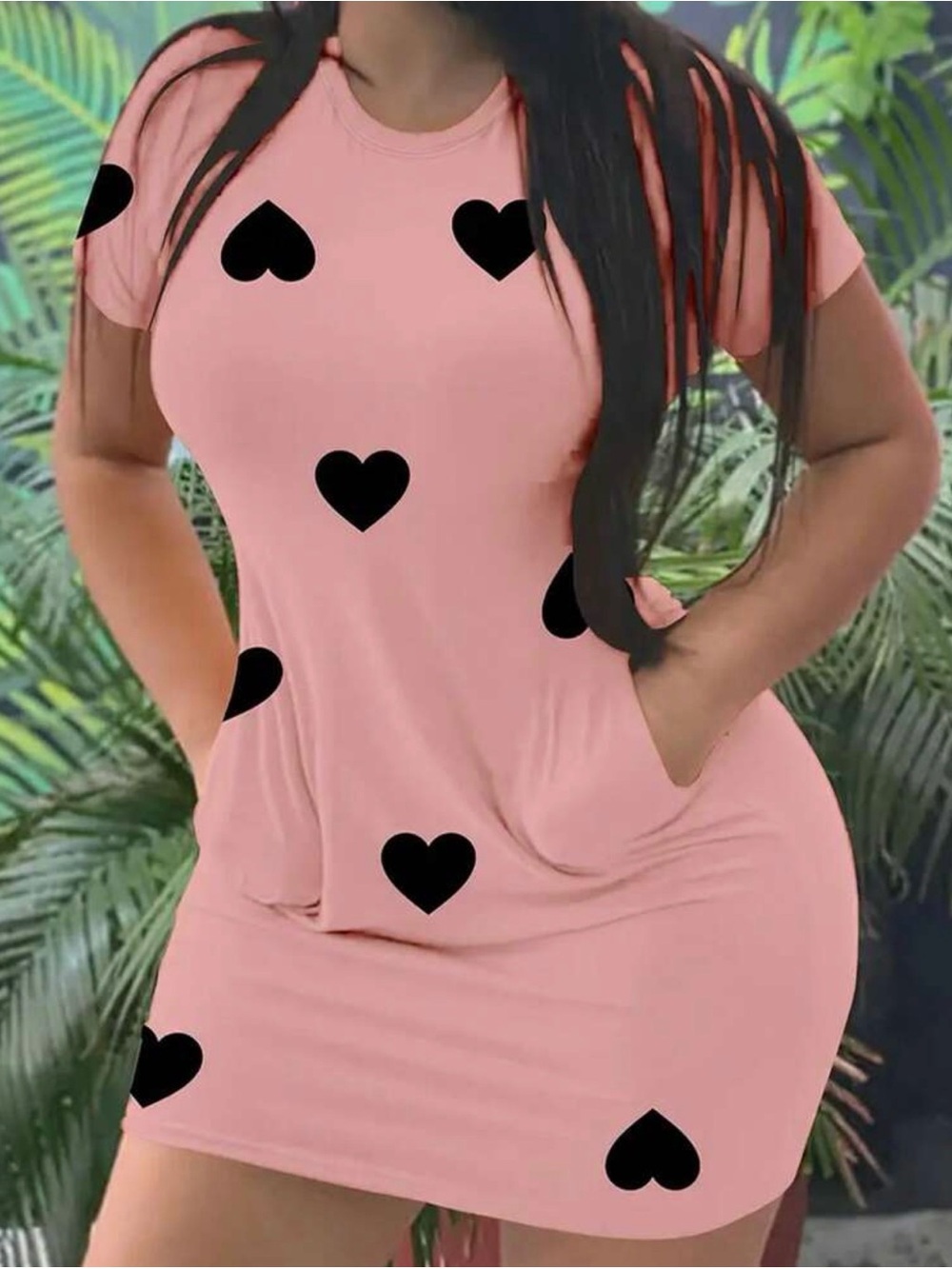 SHEIN Pink Short Sleeve Mini Dress with Black Heart Print